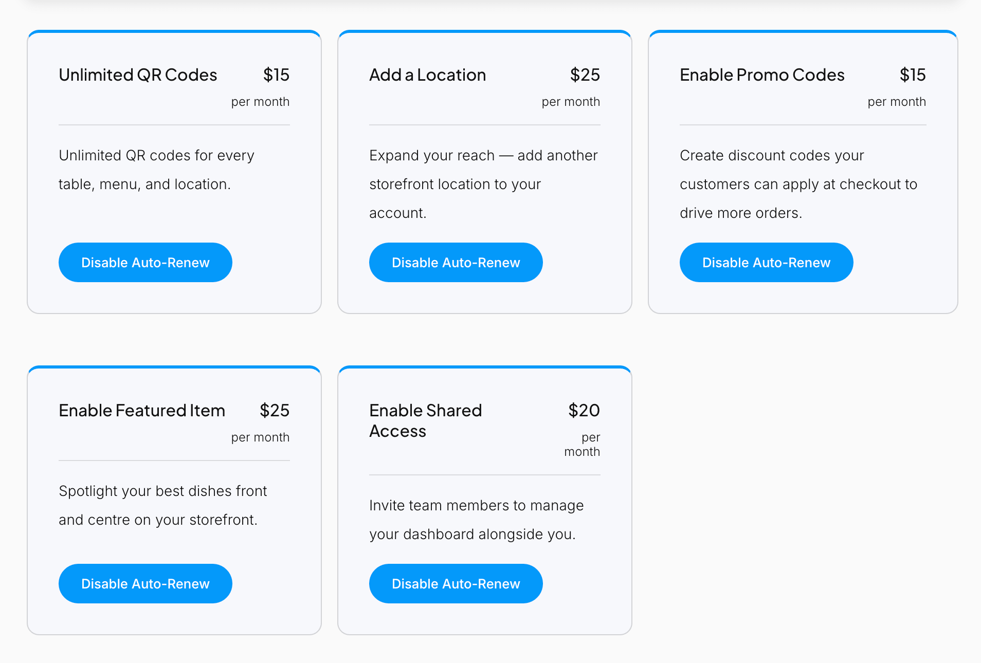 The Subscriptions screen in the GrubStack Core dashboard, showing available addons