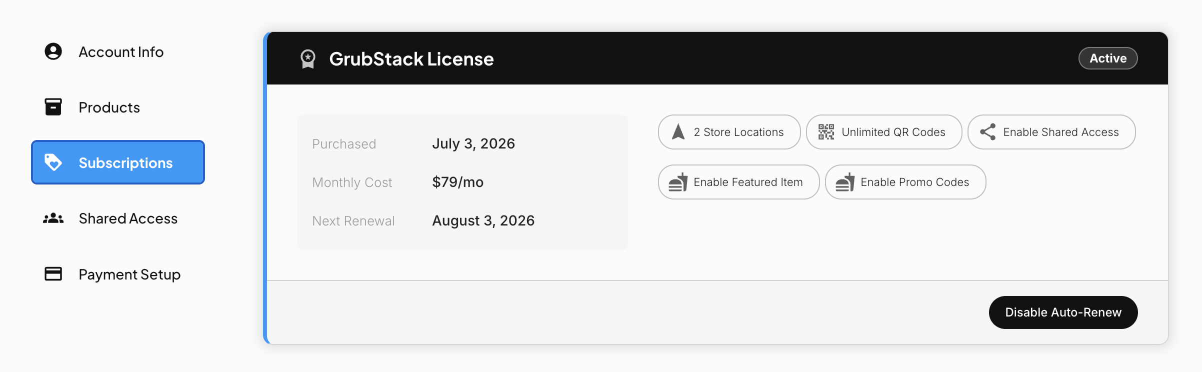 The Subscriptions screen in the GrubStack Core dashboard, showing the GrubStack License card and available addons