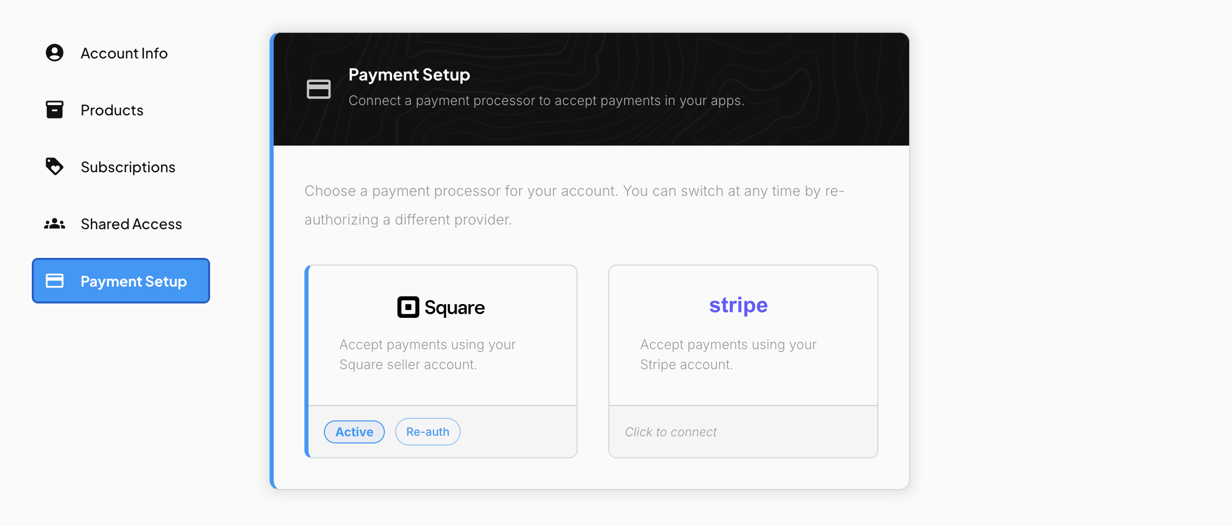 The Payment Setup screen in the GrubStack Core dashboard, showing Square connected and active, with Stripe available to connect