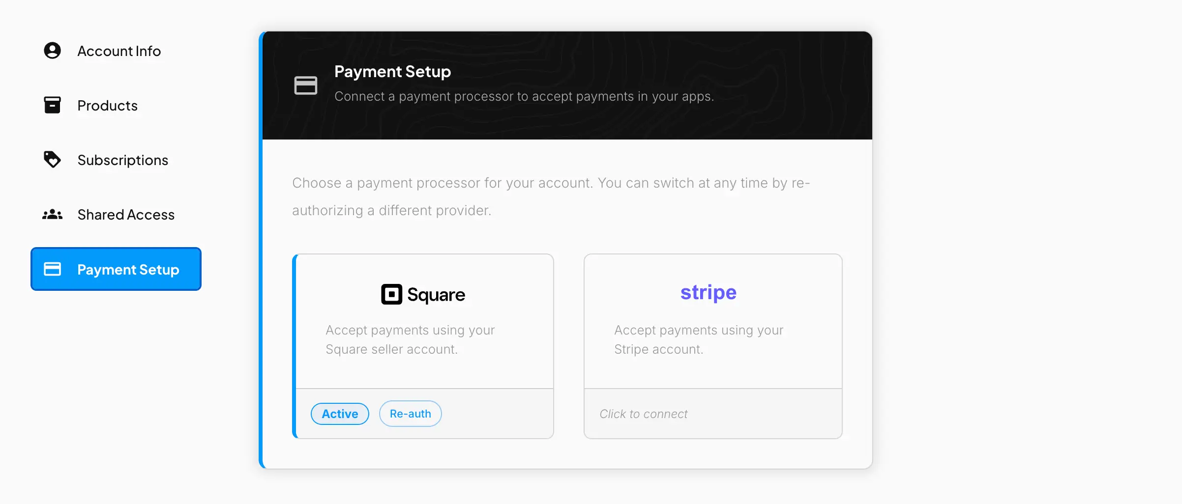 The Payment Setup screen in the GrubStack Core dashboard, showing Square connected and active, with Stripe available to connect