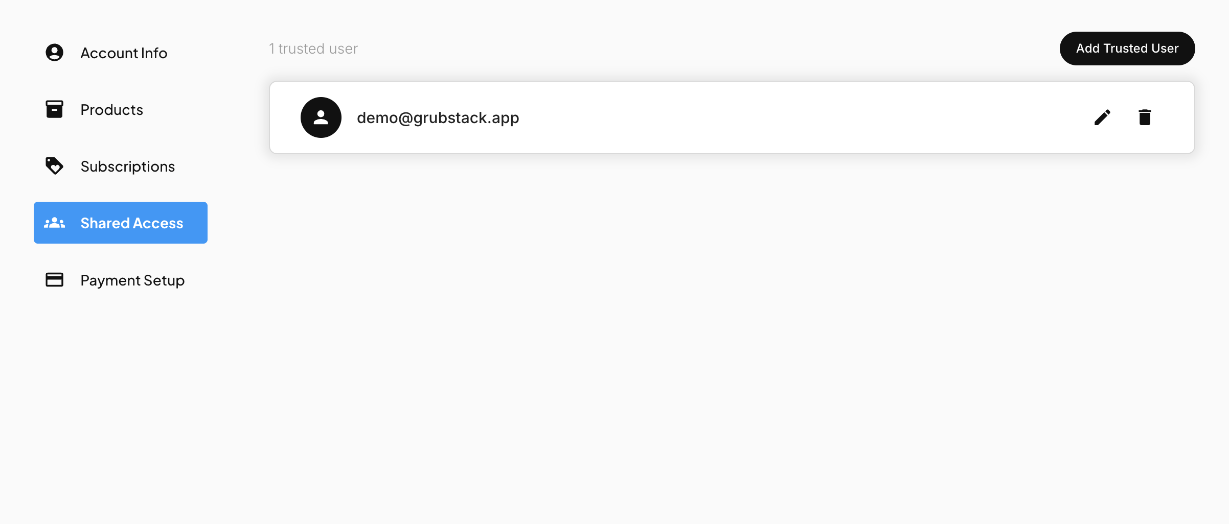 The Shared Access screen in the GrubStack Core dashboard, showing a trusted user with edit and remove options