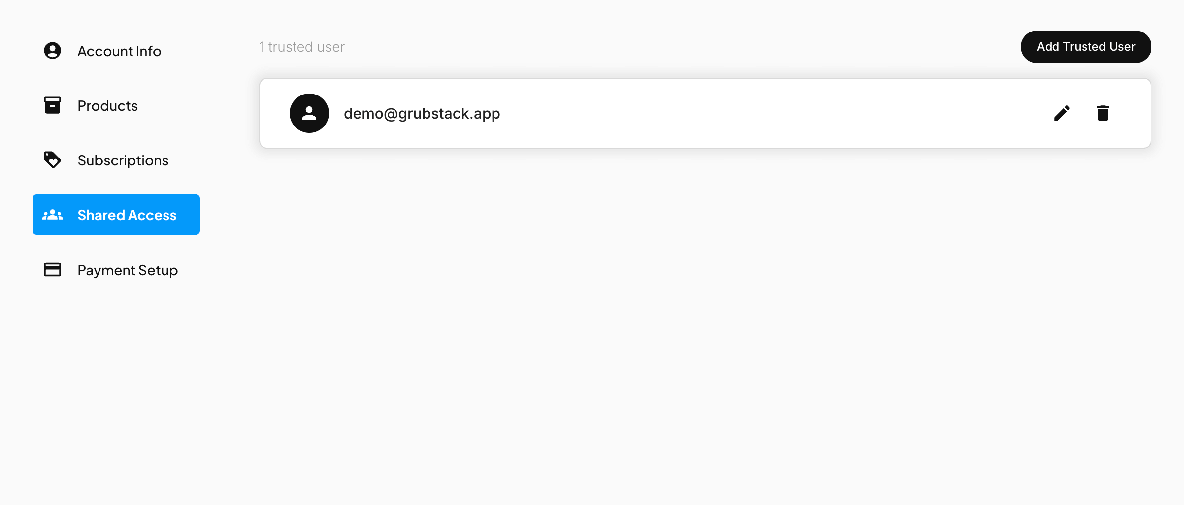 The Shared Access screen in the GrubStack Core dashboard, showing a trusted user with edit and remove options