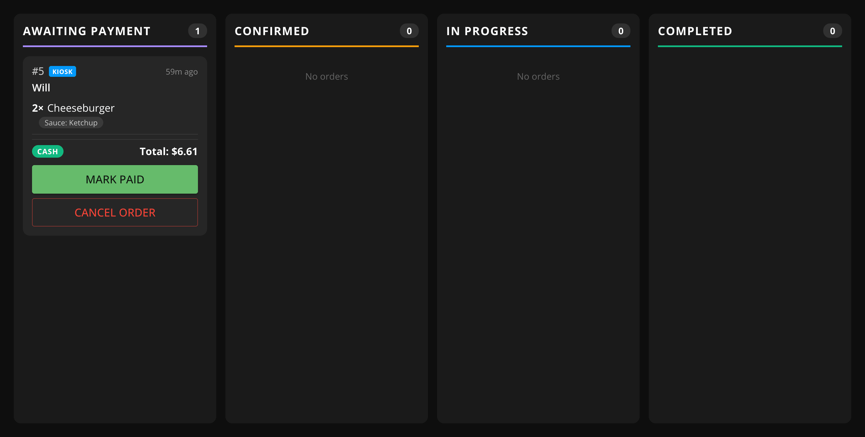 The Awaiting Payment column on the GrubStack Terminal Orders Board, showing a held cash order