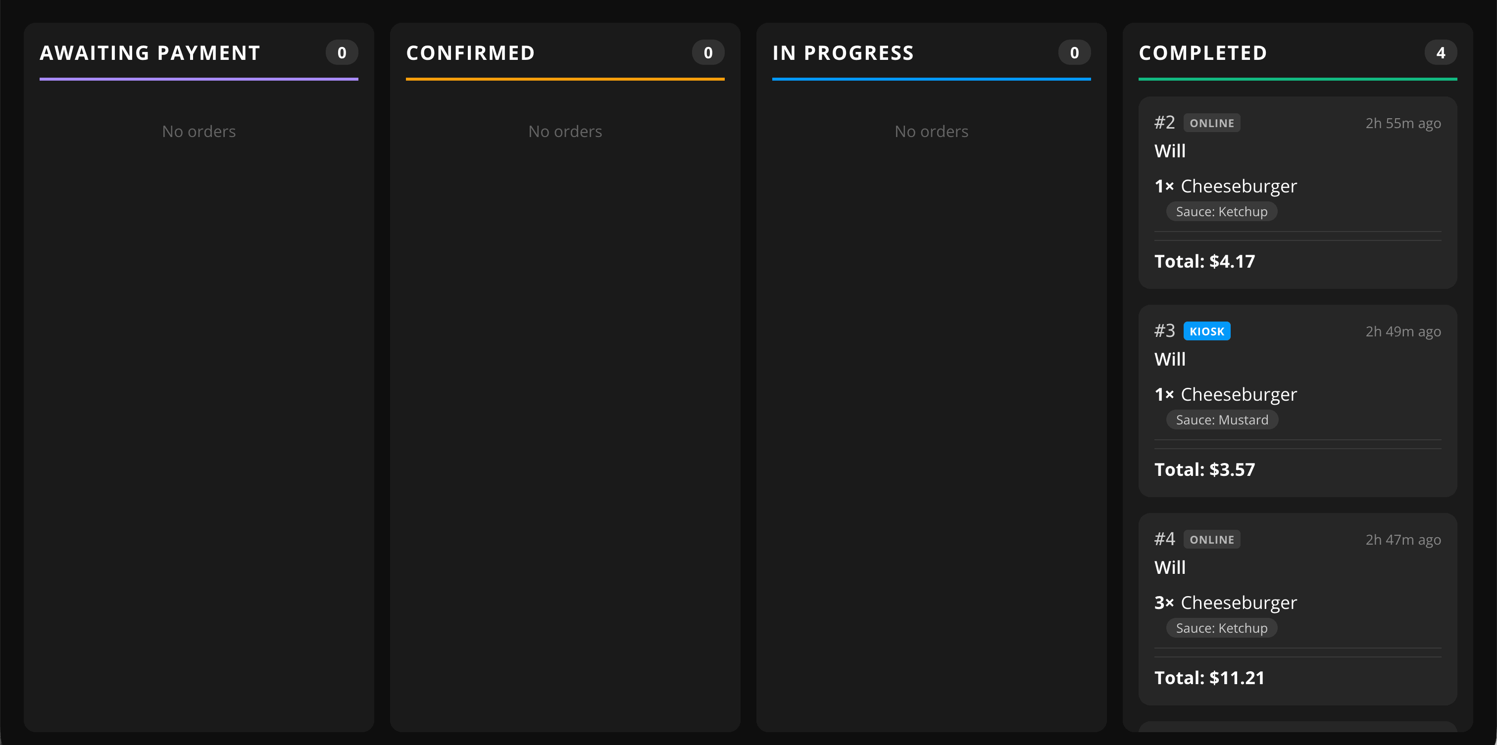 The Completed column on the GrubStack Terminal Orders Board, showing a fulfilled order
