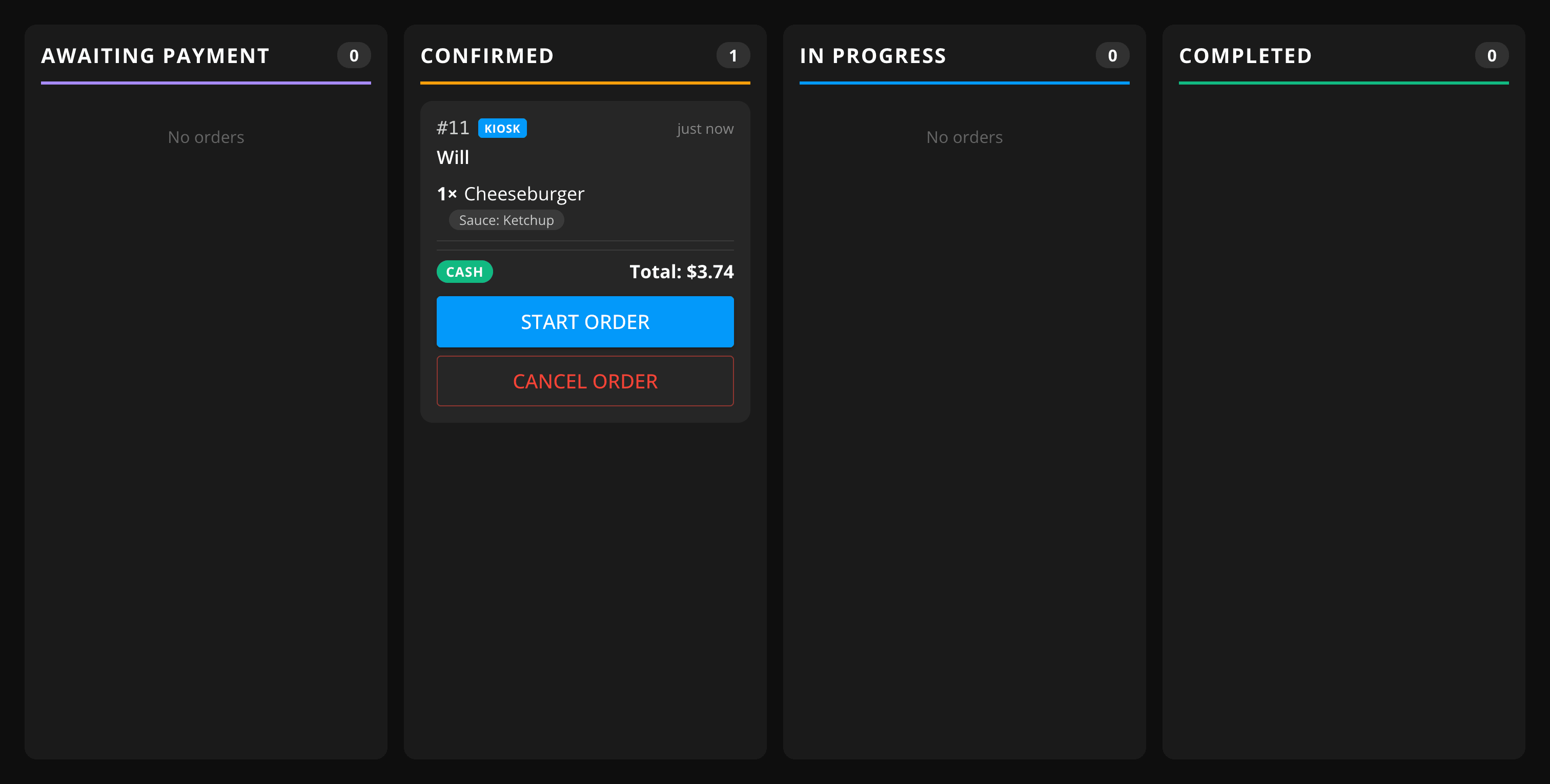 The Confirmed column on the GrubStack Terminal Orders Board, showing a new order