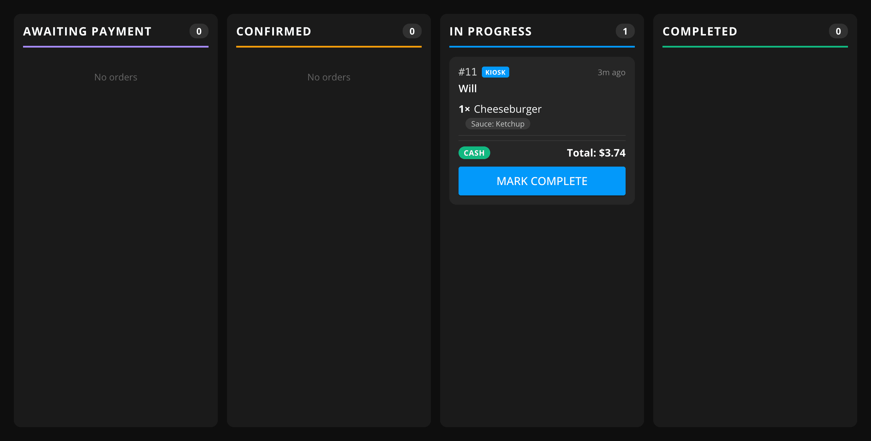 The In Progress column on the GrubStack Terminal Orders Board, showing an order being prepared