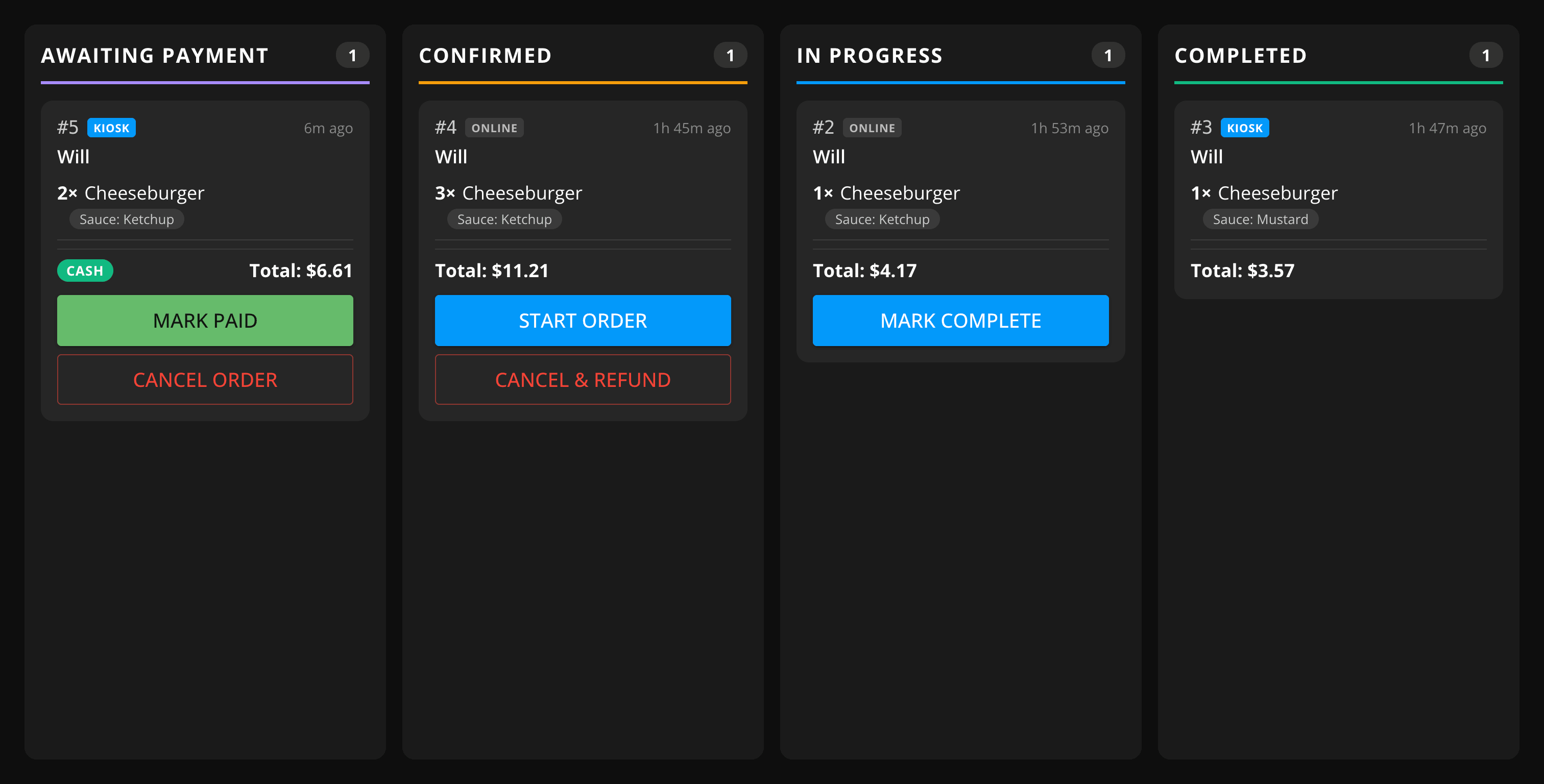 The GrubStack Terminal kitchen display, showing live incoming orders