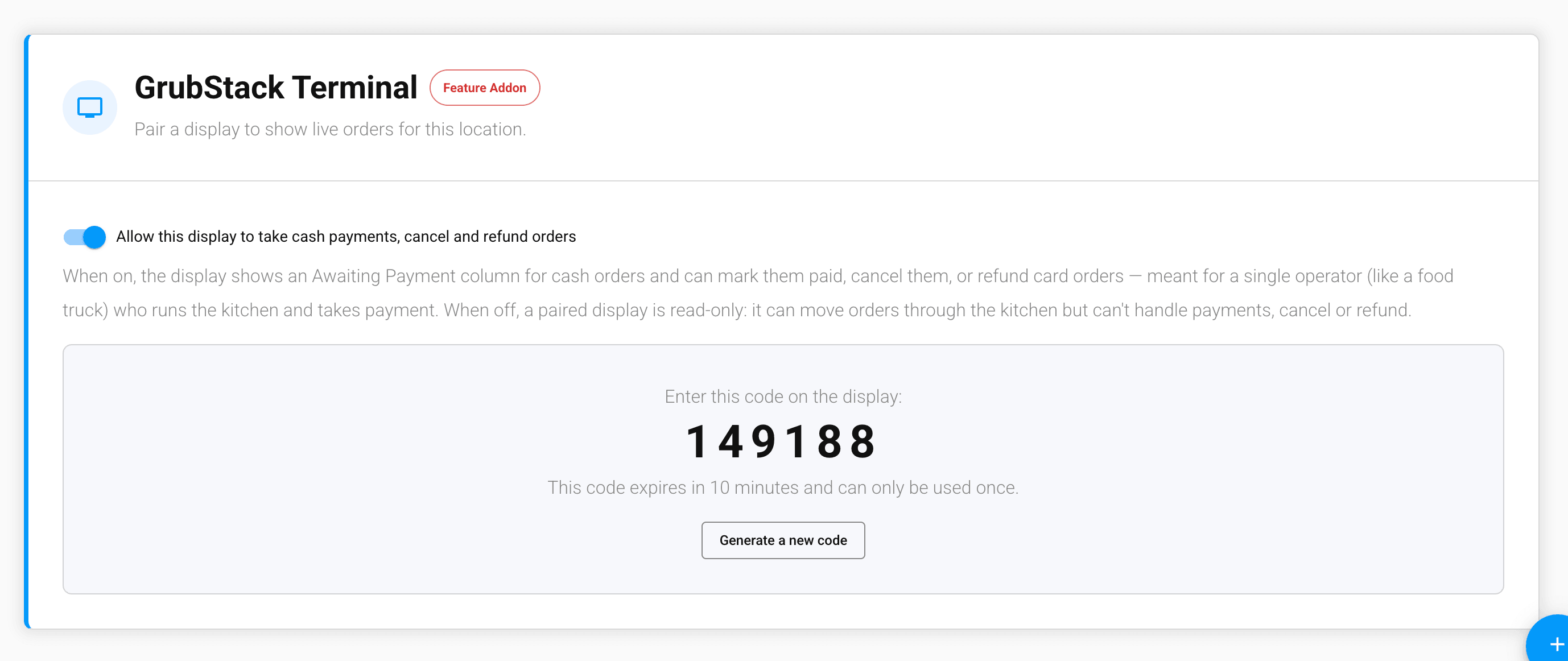 Generating a pairing code from the GrubStack Terminal card on the Locations page