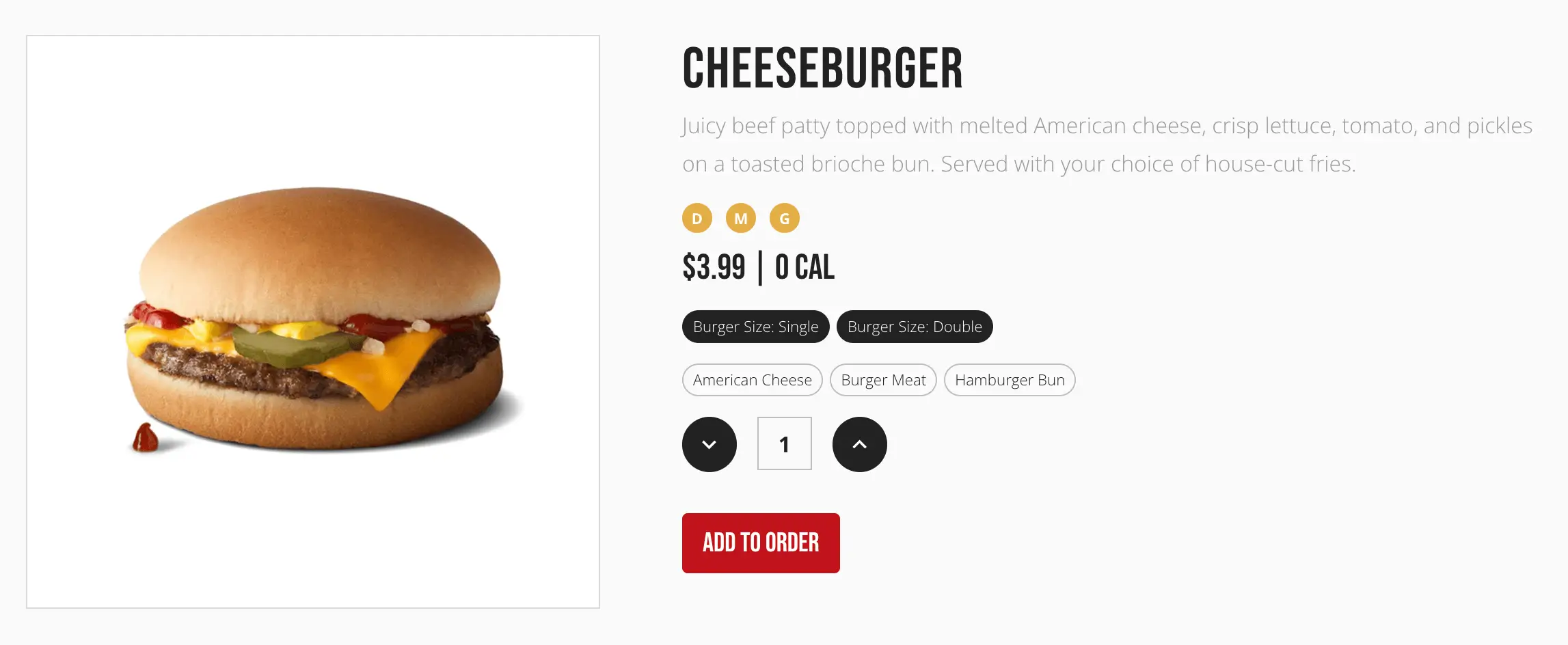 The Item Details page for a single menu item