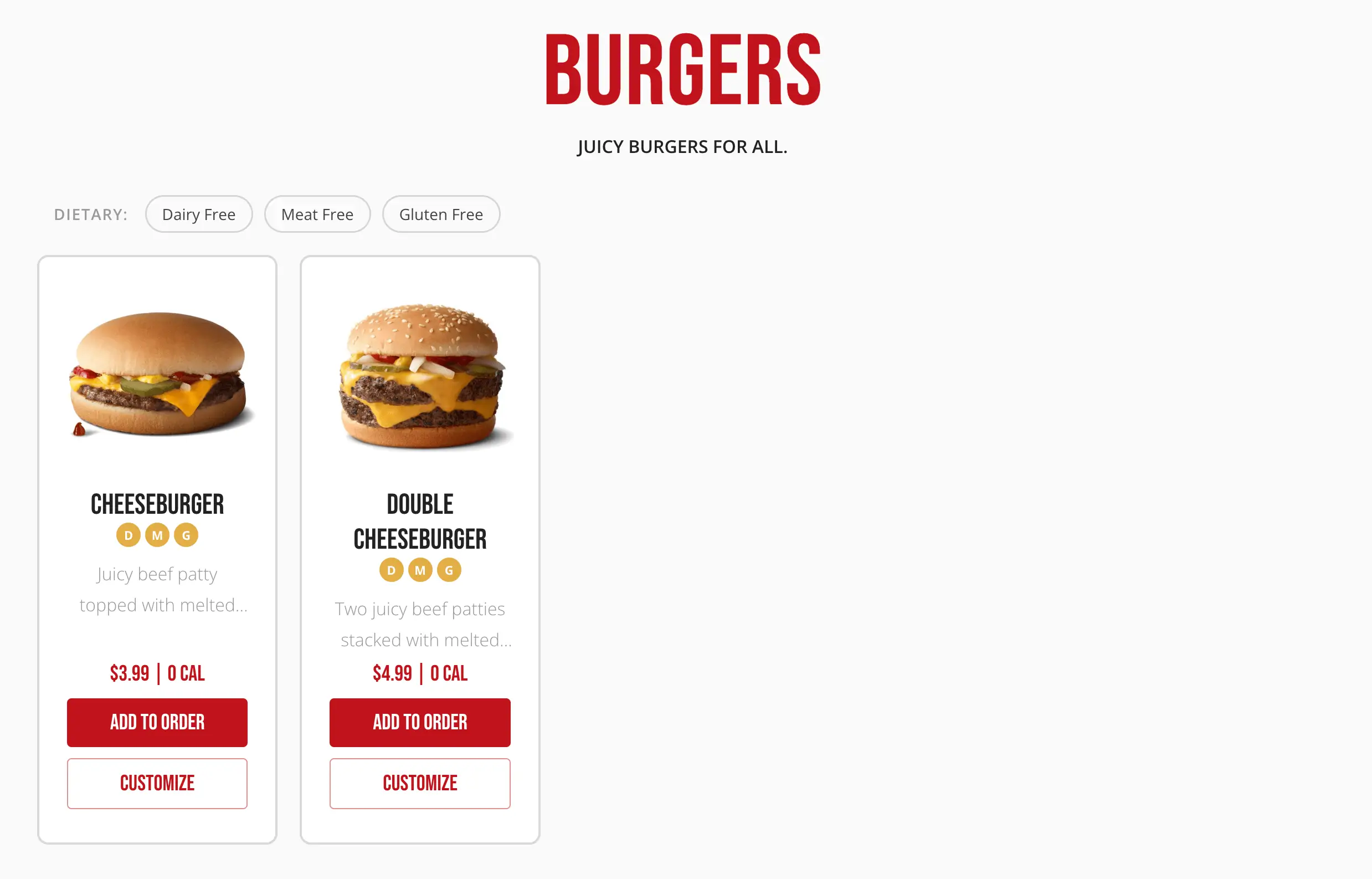 The Menu Items page, showing a menu's item list and dietary filter bar