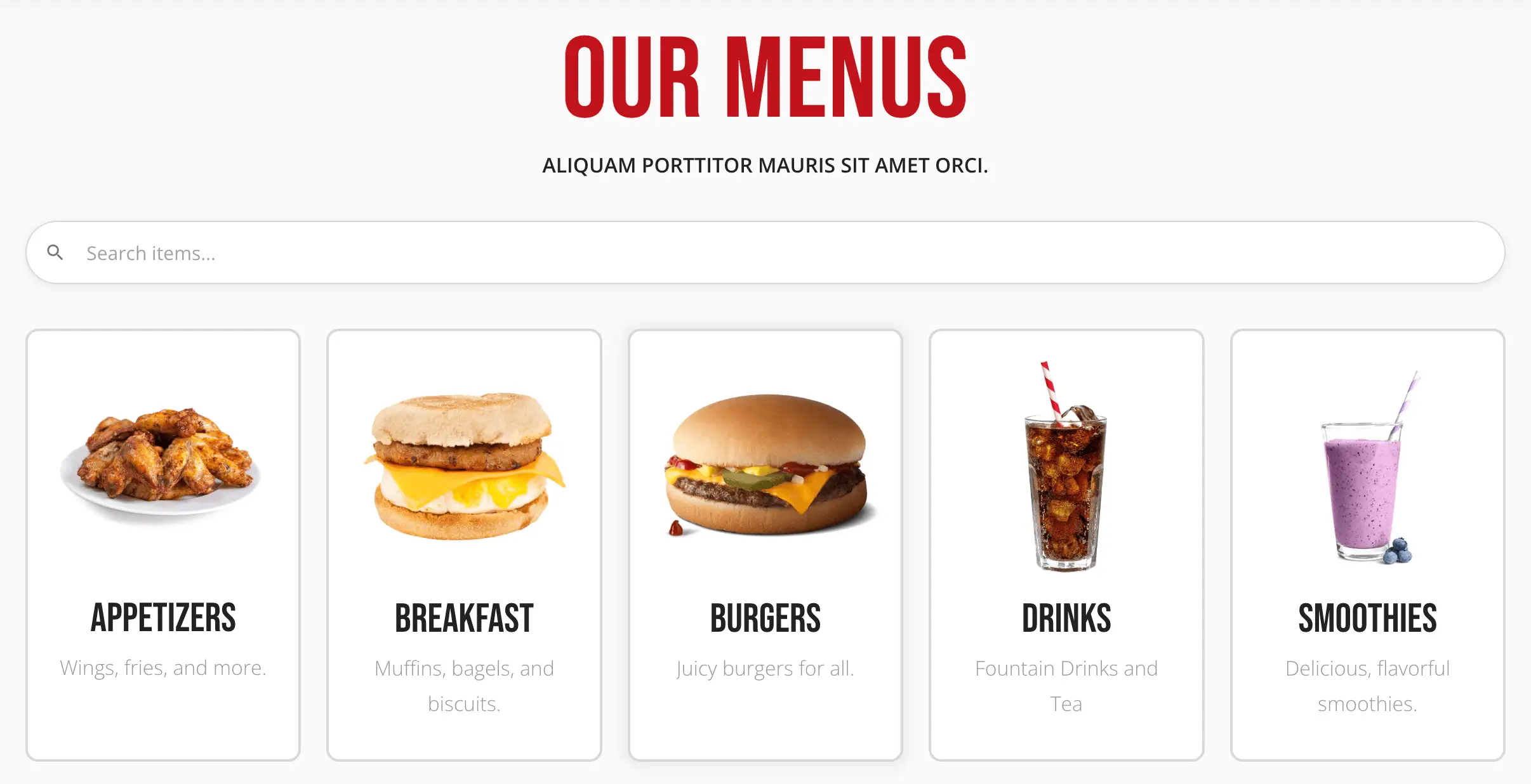 The Our Menus page, showing a grid of menu cards and the item search bar