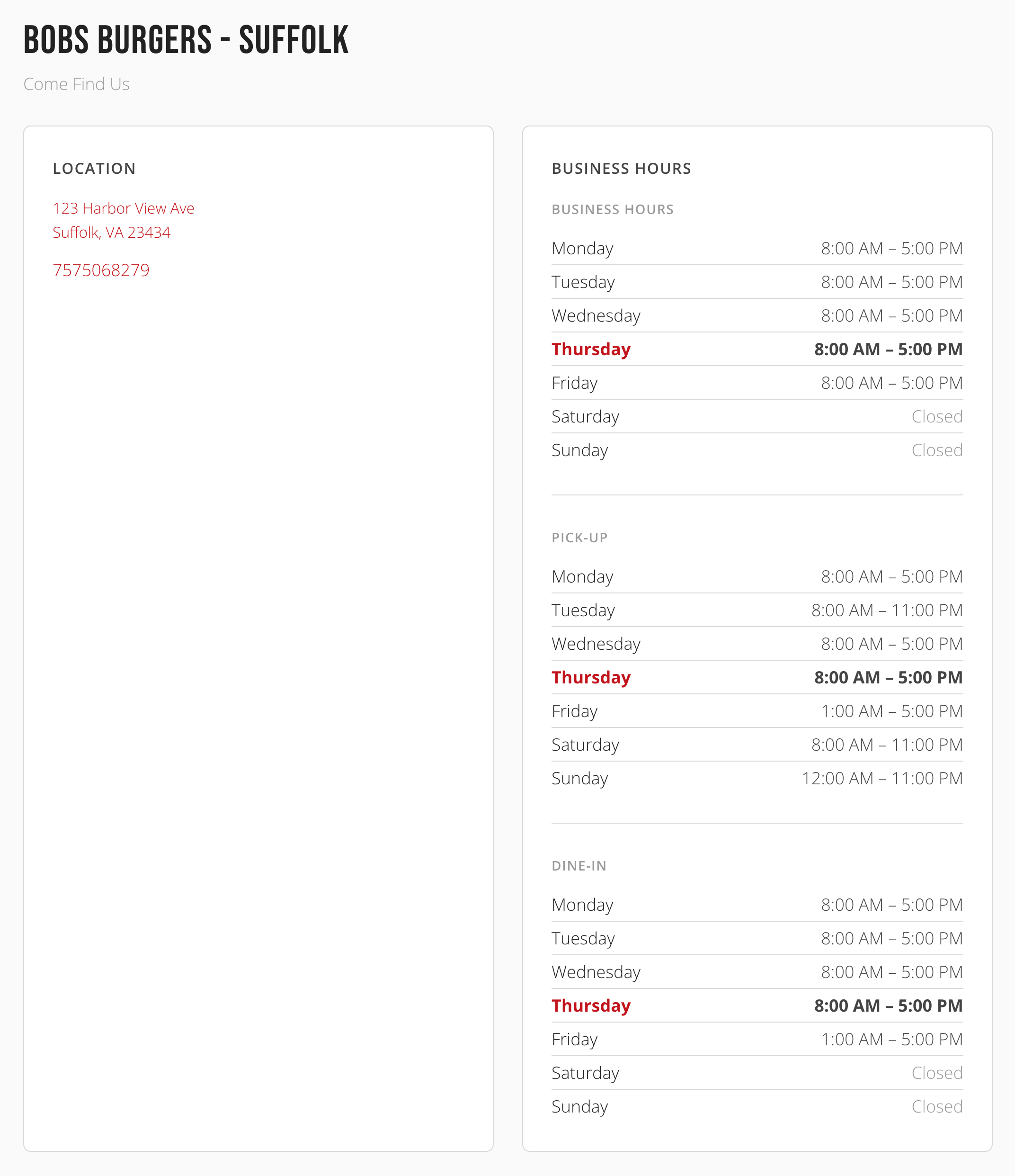 The Find Us page, showing a location's address, phone number, and business hours