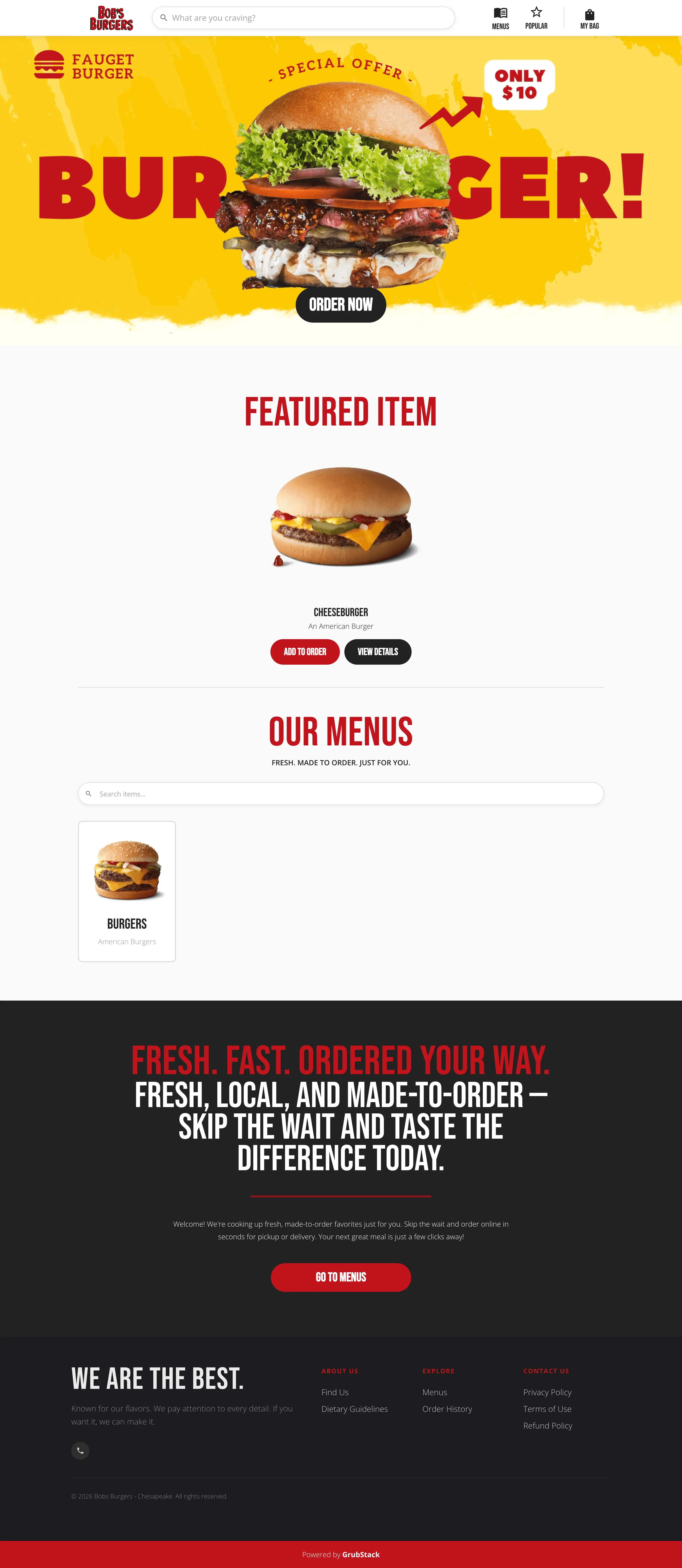 A location's GrubStack Web home page, showing the hero banner, featured item, and introduction section