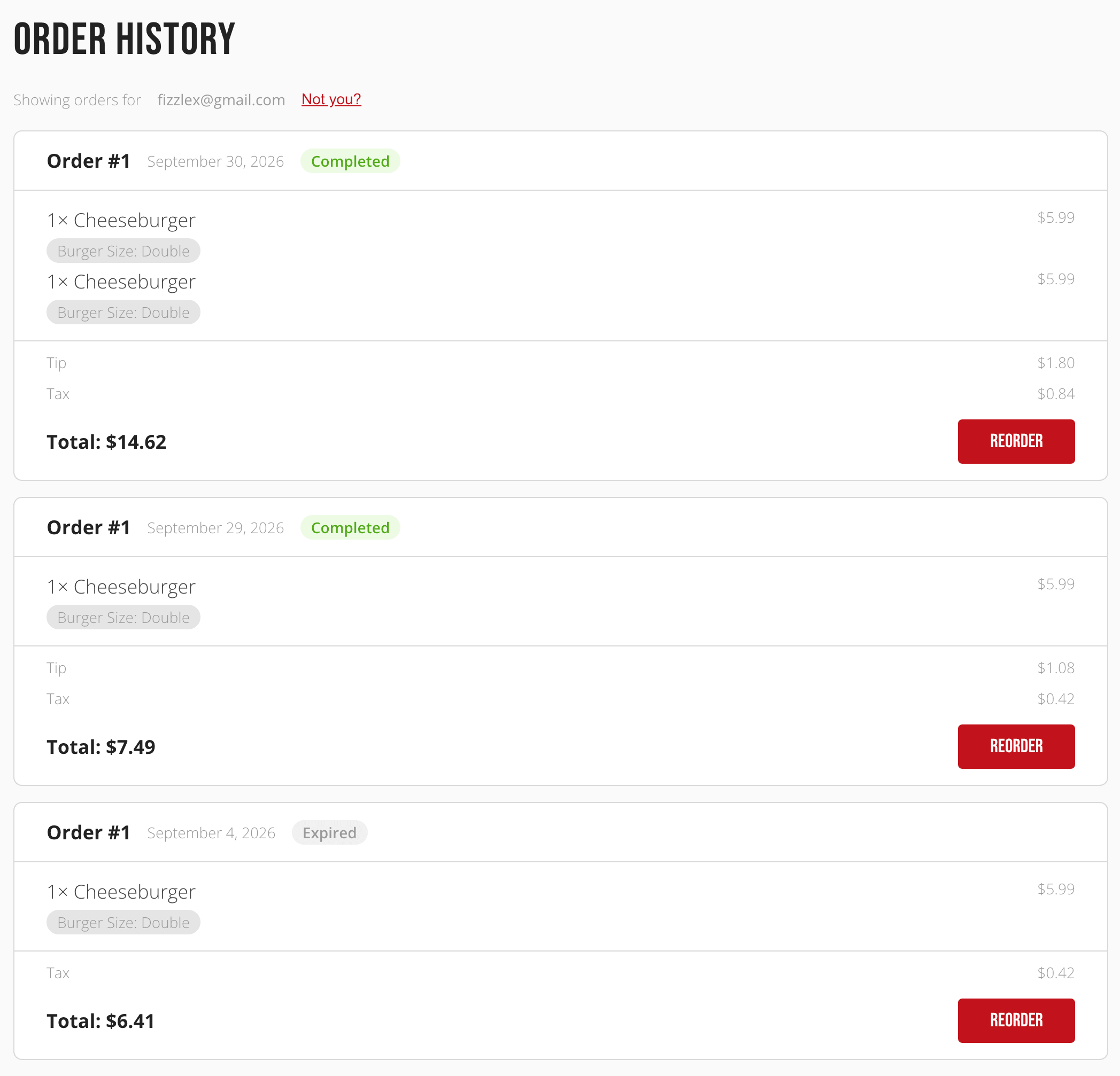 The Order History page's email verification step
