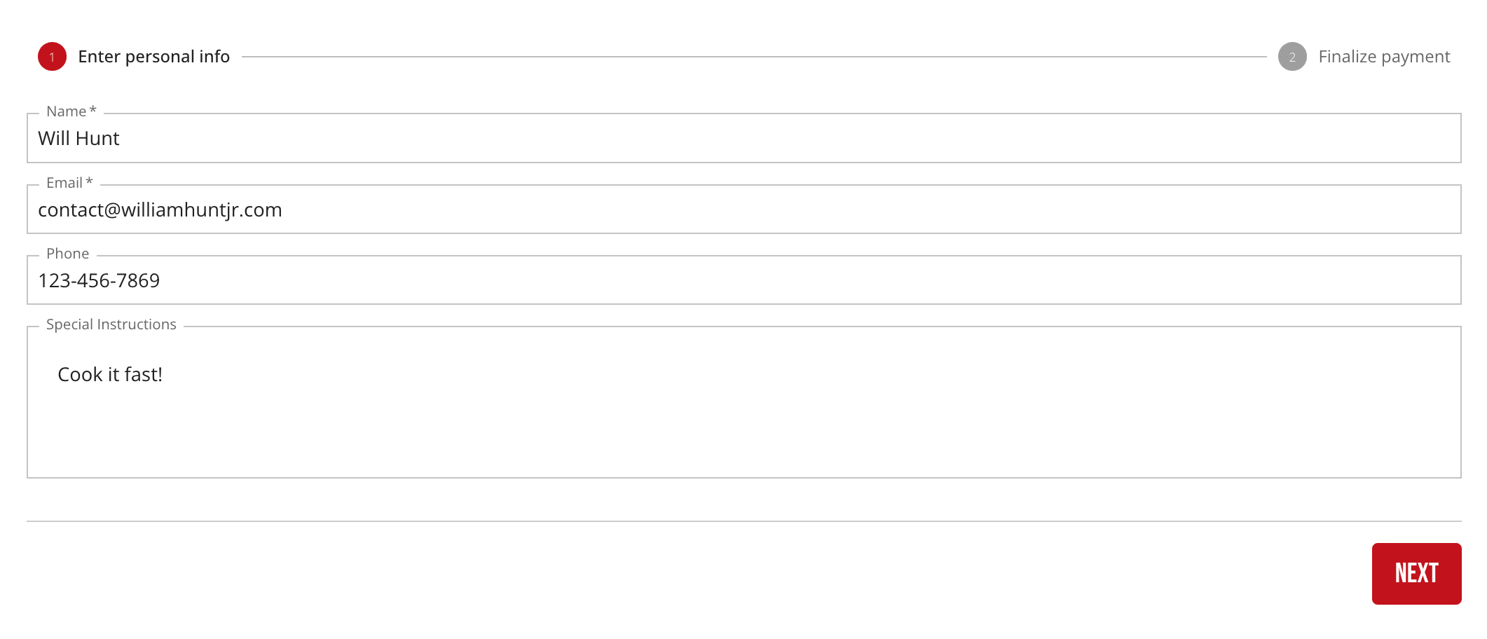 The Enter personal info step, showing the name, email, phone, and order note fields