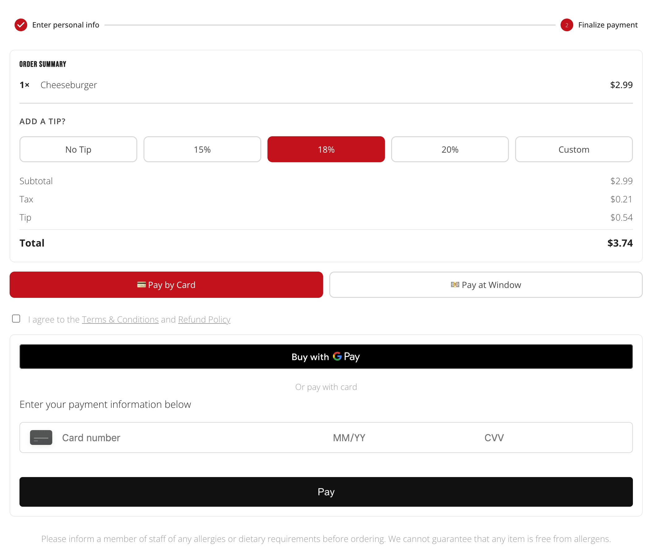 The Finalize payment step, showing the order summary, tip selector, and payment form