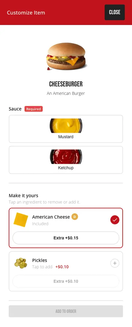 The Customize Item dialog, showing variety options and the ingredient list