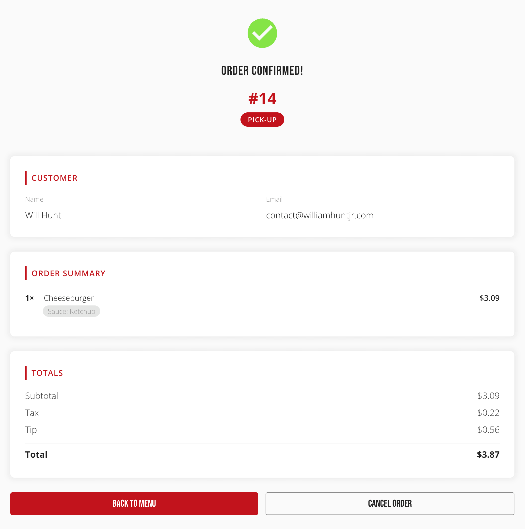 The Order Confirmation page, showing a completed order's summary and totals