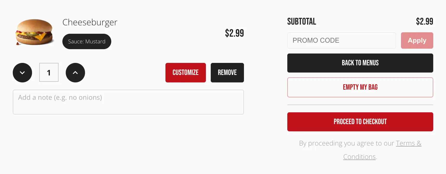 The Your Bag page, showing a list of cart items and the subtotal